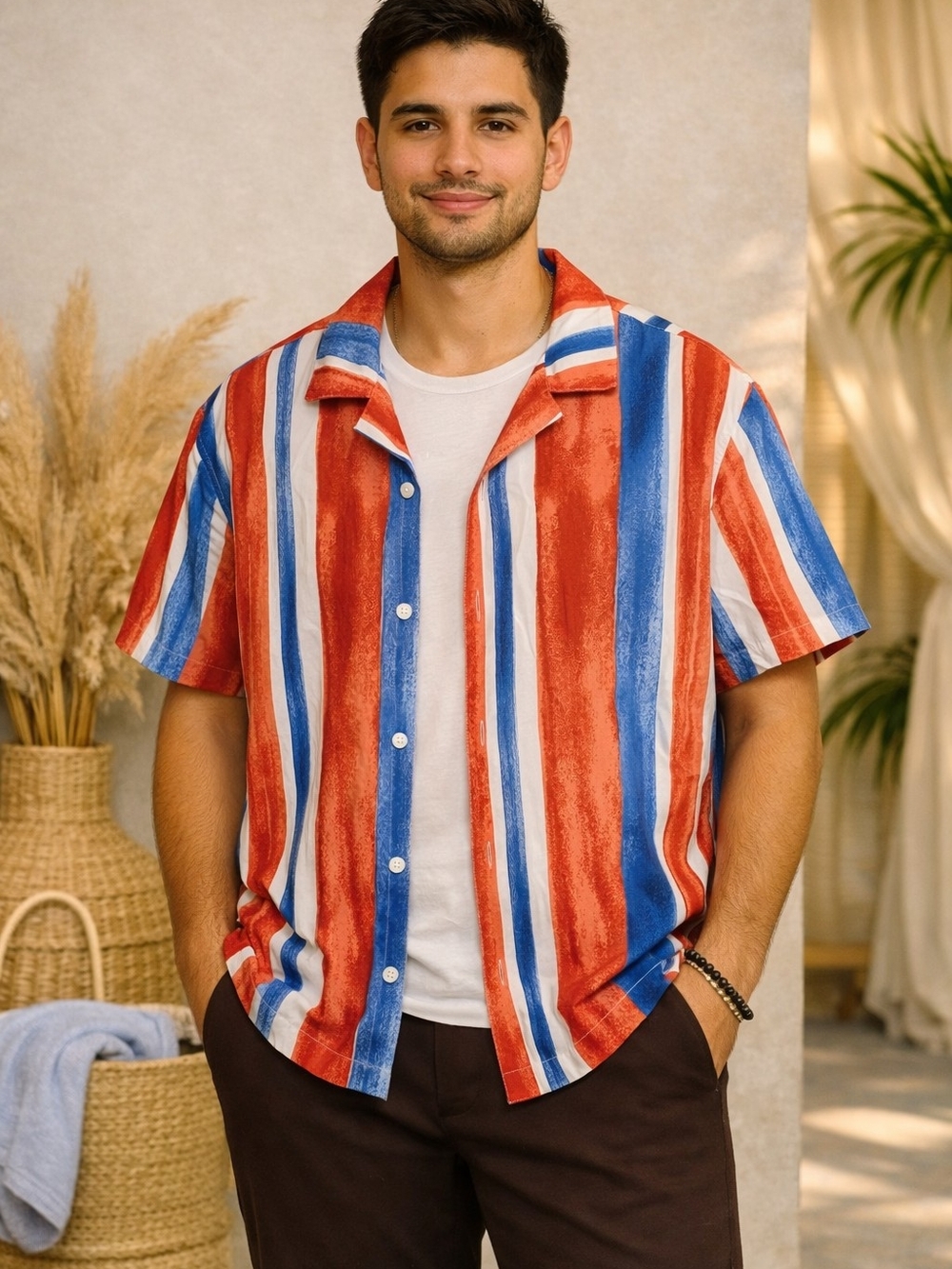 Red, Blue & White Striped Short Sleeve Button Shirt